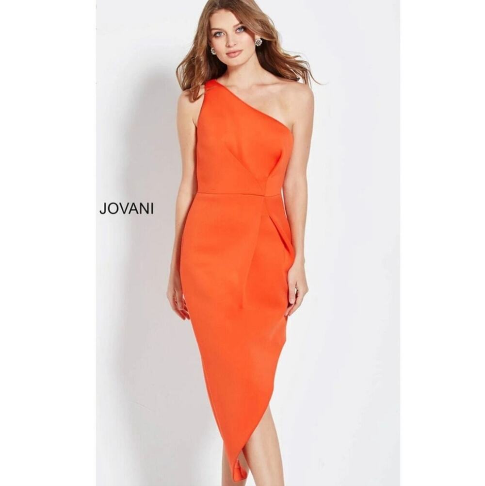 NWT Jovani Orange Scuba One Shoulder Hi-Low Dress - Asymmetric Cocktail - 14